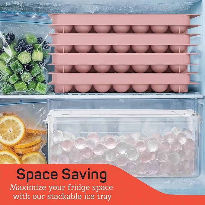 Round Ice Cube Tray Set Pack of 2, BPA-Free Stackable Trays with Lid & Tongs, 33 Ice Balls Per Tray for Whiskey, Drinks, and Cocktails, Quick Release Round Ice Cube Mold, Pink