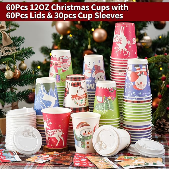 Christmas Cups with Lids and Sleeves 12oz Disposable Coffee Cups with Lids Hot Chocolate Cups 10 Designs, Christmas Paper Cups for Hot Cocoa Bar Supplies, 90 Pieces