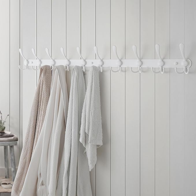 Dseap Coat Rack Wall Mount - 38” Long 10-Tri-Hooks Heavy Duty Coat Hanger Rail Wall Hooks for Hanging Coats Hats Clothing Clothes Purse Mudroom Entryway, White