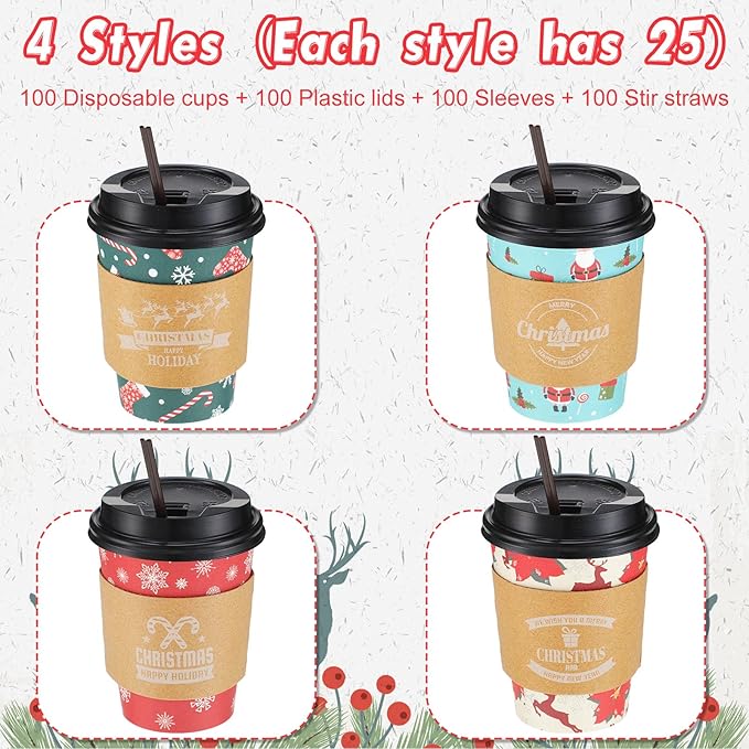 Remerry 100 Sets 400 Pcs 12 oz Christmas Disposable Coffee Cups with Lid, Straws and Sleeves Snowflake Reindeer Snowman Paper Cups Xmas Party Supplies for Hot Drink Cold Beverage(Bright Style)