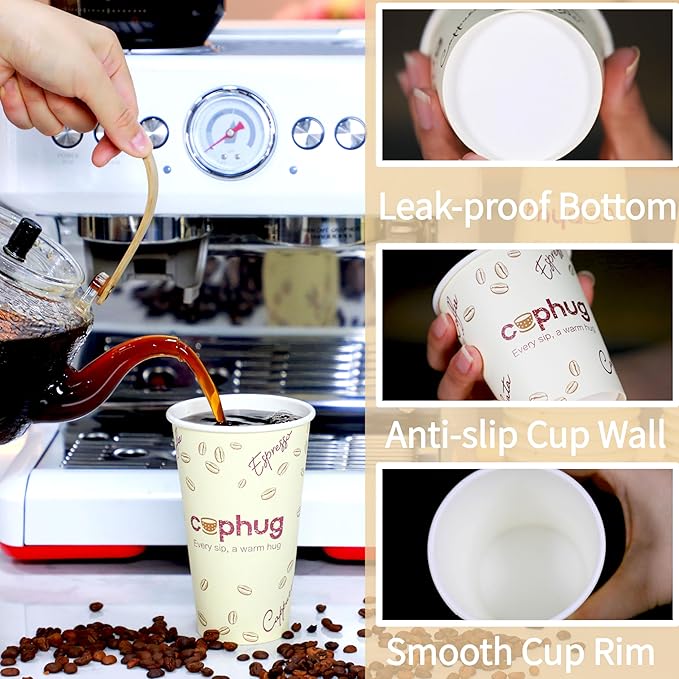 Cuphug 100 Pack 16 oz Coffee Cups with Lids, To Go Paper Cups with Sleeves and Stirring Sticks, Insulated Disposable Coffee Cups for Hot/Cold Drinks