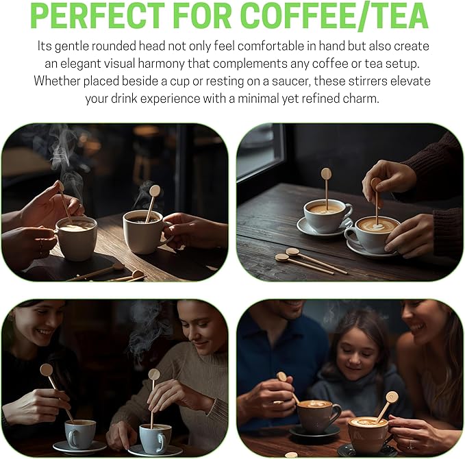 6.25" Custom Wooden Coffee Stirrers with Round Heads – Customizable Stirrer Sticks with Logo or Text | Eco-Friendly Drink Stirrers for Coffee, Tea, Beverages & Events (6.25" - Pack of 100)