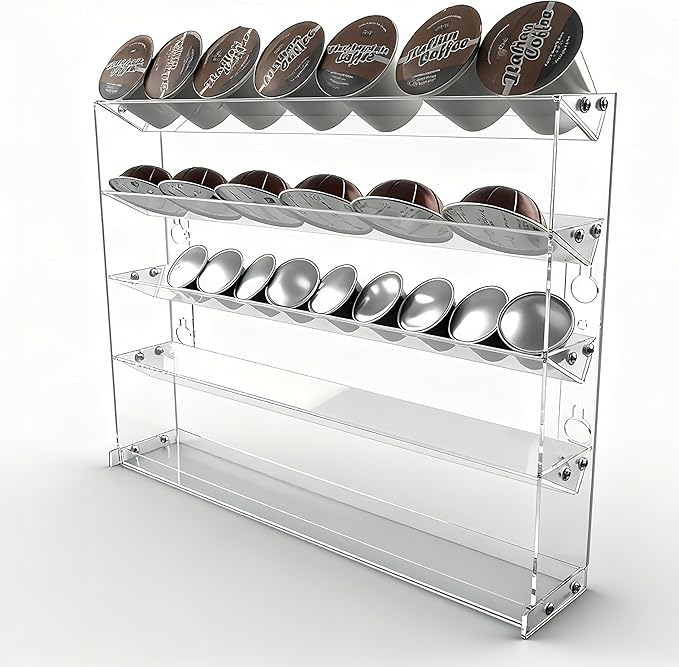 5 Tier Coffee Pod Holder for Nespresso Vertuo, Wall Mount K Cup Holder for Small Space, Clear Acrylic Coffee Pod Organizer Compatible with Most Standard Pods (30-50 Pod Storage)