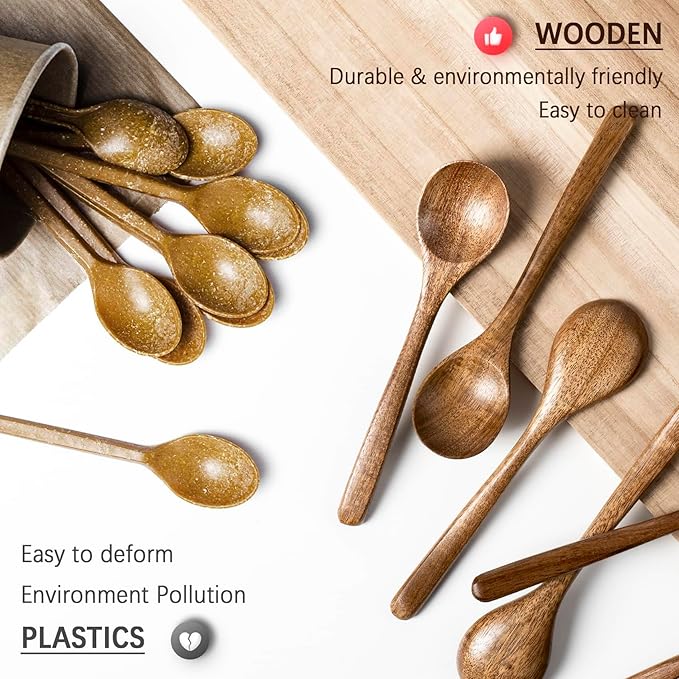 7 PCS Wooden Spoons for Eating, 7 inch Wooden Honey Spoons for Tea, Wood Teaspoons for Stirring Coffee, Acacia Wood Table Spoon for Cooking, Small Serving Spoon for Soup, Desserts & Cereal