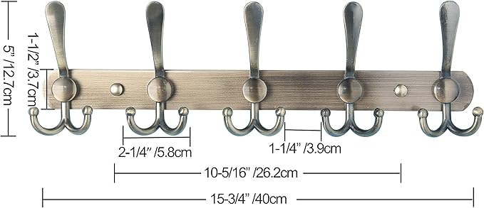 Dseap Coat Rack Wall Mounted - 5 Tri Hooks, Heavy Duty, Stainless Steel, Metal Coat Hook Rail for Coat Hat Towel Purse Robes Mudroom Bathroom Entryway,Bronze