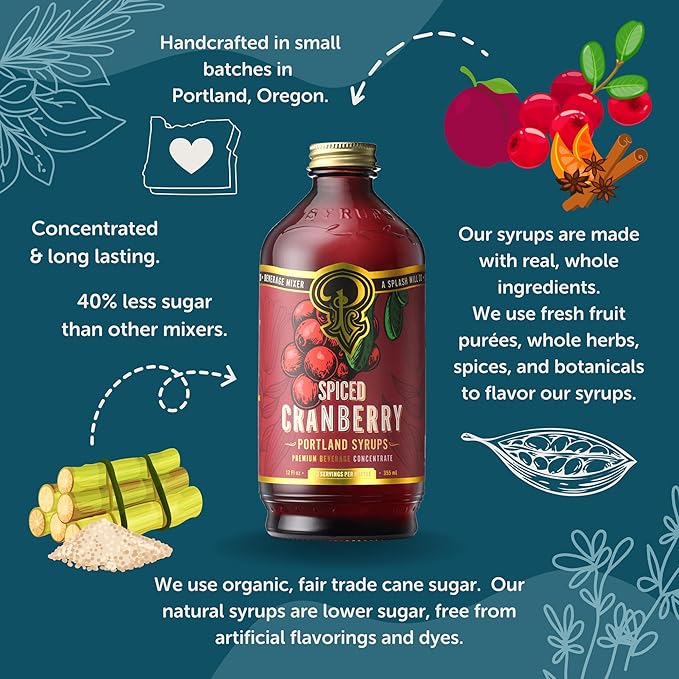Portland Syrups Spiced Cranberry Syrup - Drink Mixer for Crafting Cocktails, Mocktails, & Seasonal Beverages - Flavor Enhancer for Soda, Punch, and Mulled Drinks - 12 oz Bottle, 24 Servings, Pack of 2