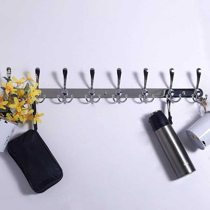 Dseap Coat Rack Wall Mount - 29.5” Long 8-Tri-Hooks Heavy Duty Coat Hanger Rail Wall Hooks for Hanging Coats Hats Clothing Clothes Purse Mudroom Entryway, Chromed