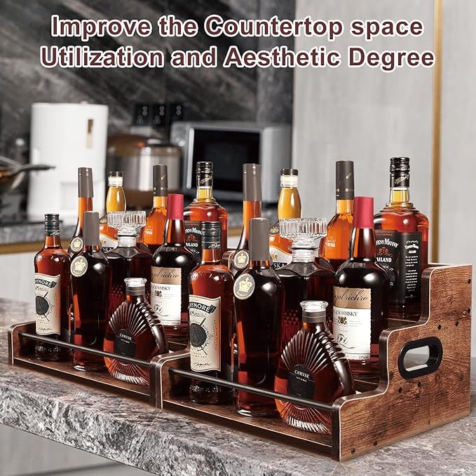 Liquor Bottle Display Shelf 2 Pack - 3 Tier Countertop Organizer for Whiskey, Wine & Coffee Syrups, Space Saving Bar Cabinet Storage for Home, Mini Bar