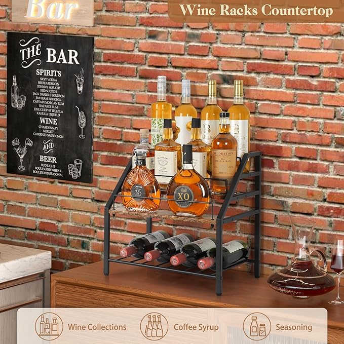 VINAEMO Wine Racks Countertop, 3-Tier Liquor Bottle Display Shelf, Coffee Syrup Organizer, Small Wine Rack, Wine Bottle Holder for Whiskey Bar, Retro Bar Shelves for Home Bar
