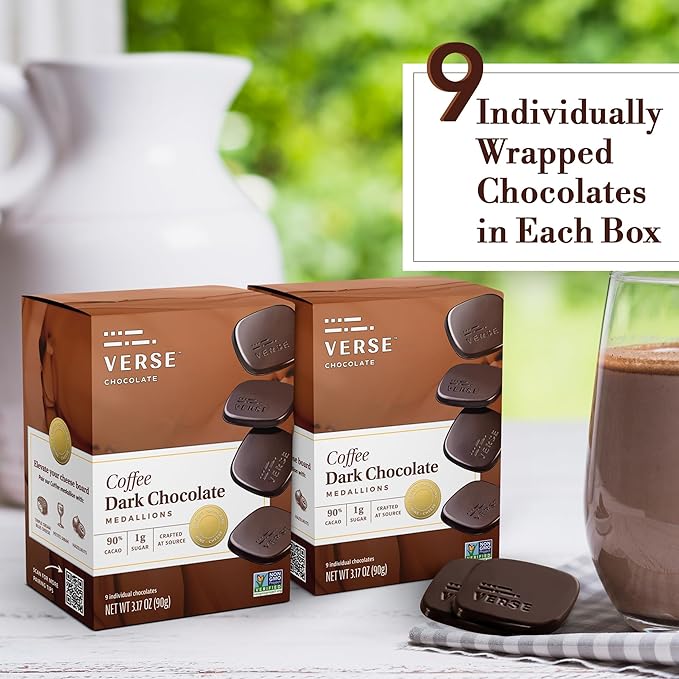 Verse Luxury Dark Chocolate Coffee Squares - Only 1g Cane Sugar - Coffee Flavored 90% Dark Cocoa - Individually Wrapped Cacao Chocolate Squares (9 Count, 2 Pack)