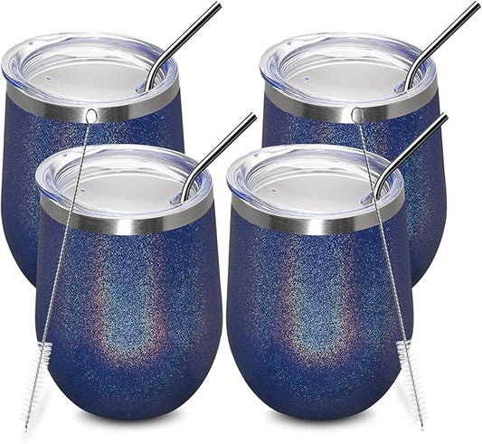 MEWAY 12oz/4 Pack Wine Tumbler Glasses with Lid - Stemless Double Wall Vacuum Stainless Steel Glitter Tumbler - Keeping Cold & Hot Cup for Coffee,for Women(Rainbow Navy,Set of 4)