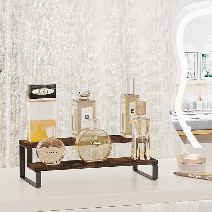 YINMIT Wooden Display Riser Stand, Tiered Perfume and Cologne Organizer Stand, 2 Tier Spice Rack Organizer, Rustic Display Shelf for Candles (2 Tier)