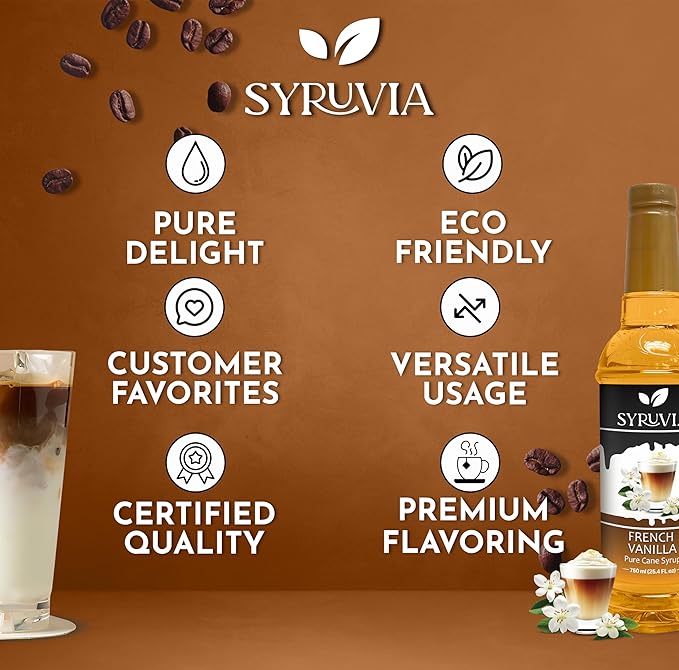 Syruvia Coffee Syrup, French Vanilla Flavored Syrup for Drinks, Lattes, and Desserts – 25.4 fl oz