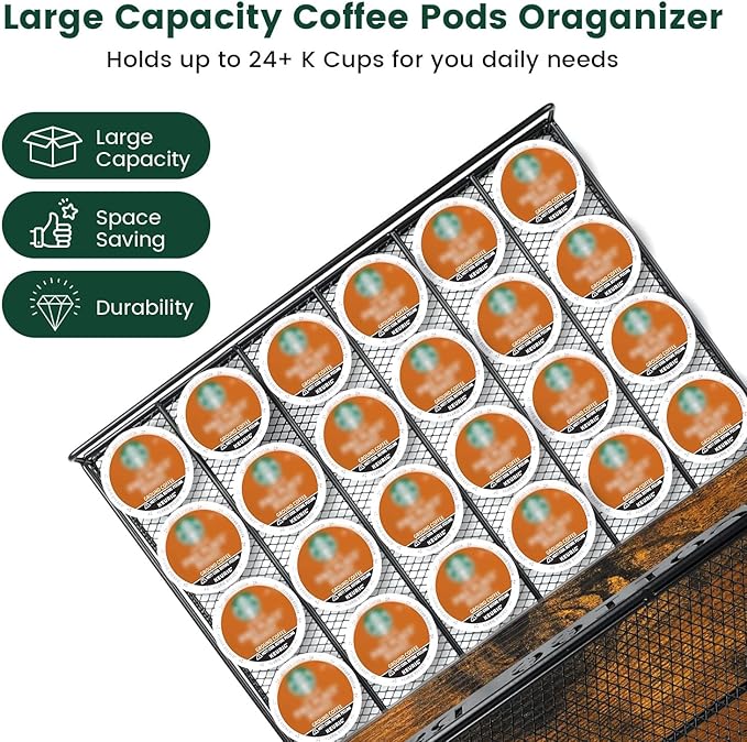 Coffee Bar Organizer, Station Mug Holder for Countertop, Multi-Functional 3 Tier Coffee Cup Tree Rack for Kitchen, Storage Shelf with 10 Hooks, K Cup Pod Drawer for Home Office