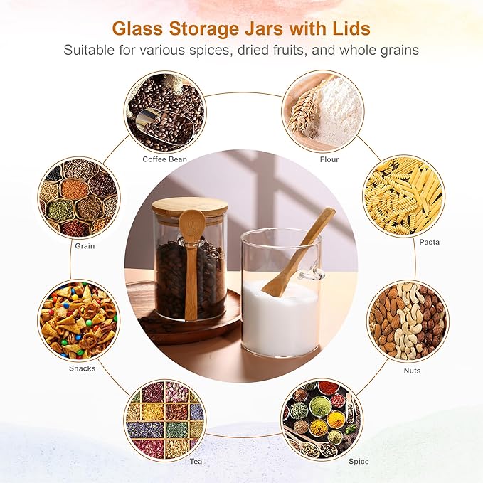 MOLFUJ 15 oz/450 ml Clear Glass Storage Canister with Airtight Lid, Small Decorative Container Jar with Wooden Spoon for Overnight Oatmeal Coffee Spice Candy Salt Cookie Condiment Pepper Sugar
