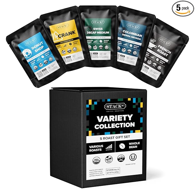 Stack Street Organic Gourmet Coffee Gift Sample Set - 5-Pack! - Specialty Variety Box Whole Bean Sampler of Our Most Popular Roasts