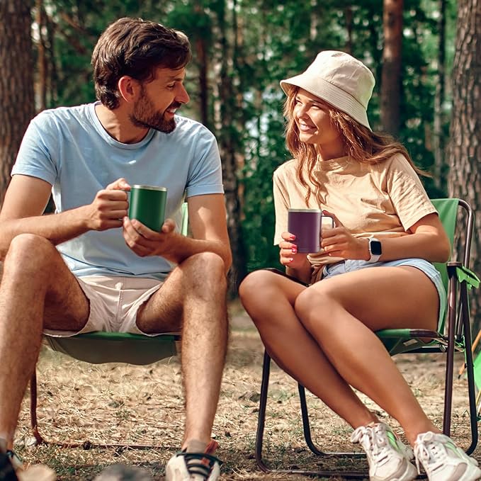 MEWAY 12oz Coffee Mug With Handle 2 Pack Bulk,Stainless Steel Insulated Travel Tumblers With Sliding Lid,Double Wall Vacuum Camping Cup for Hot & Cold Drinks Tea (Forest Green&Plum,Set of 2)