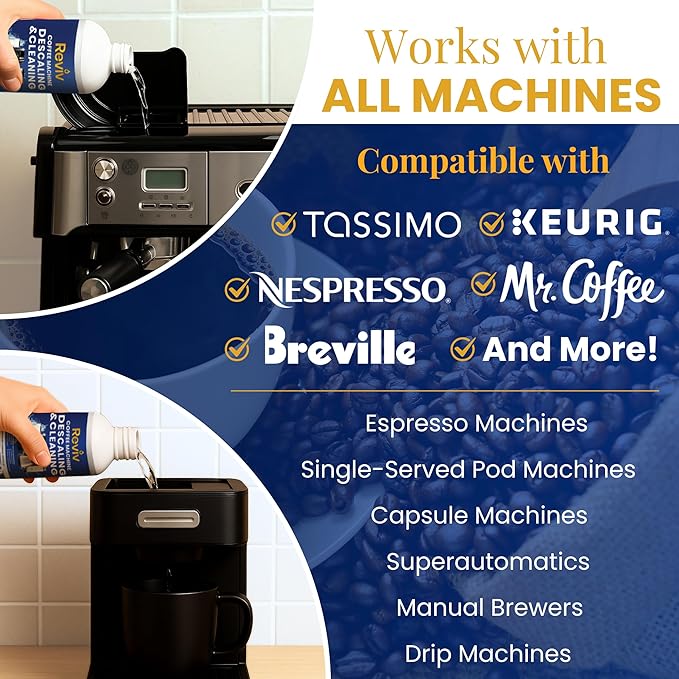 REVIV Descaling Solution for Coffee Machines (8 Uses) – 33.8 fl oz, Compatible with Espresso Machines, Keurig Coffee Machine, Nespresso, Delonghi, Breville – Removes Limescale & Enhances Flavor