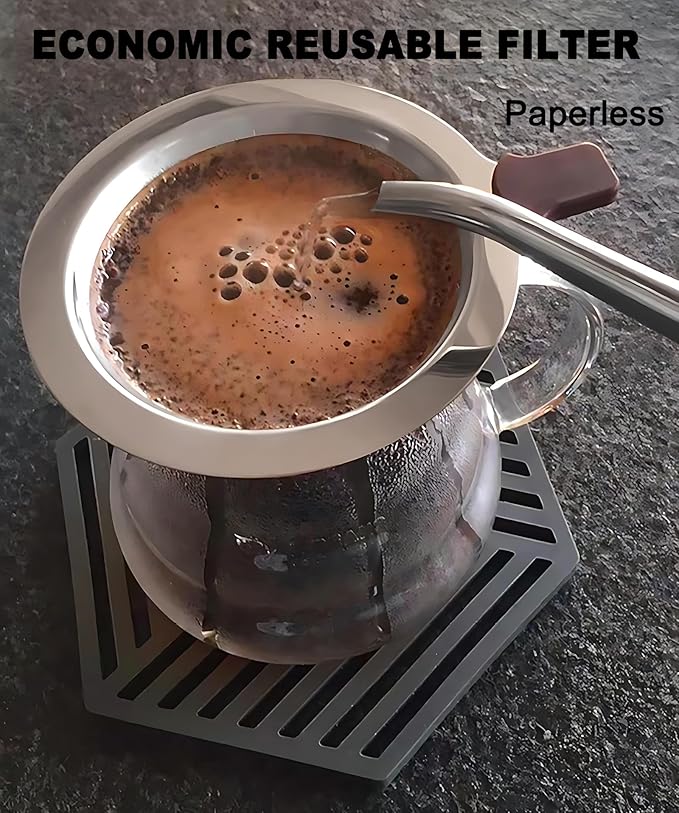 Pour Over Coffee Dripper - 304 Stainless Steel Filter, Paperless & Reusable Dual-Layer Metal with Base, 800 Mesh Steel Cone Filter, for 1-6 Cups Brew Coffee Maker