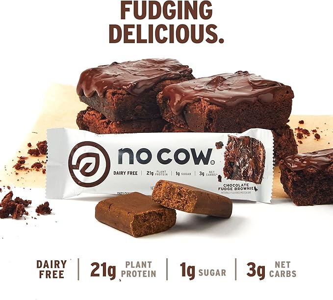 No Cow High Protein Bars, Chocolate Fudge Brownie - Healthy Snacks, 20g Vegan Protein, High Fiber, Low Sugar, Keto Friendly, Dairy & Gluten Free (12 Count)