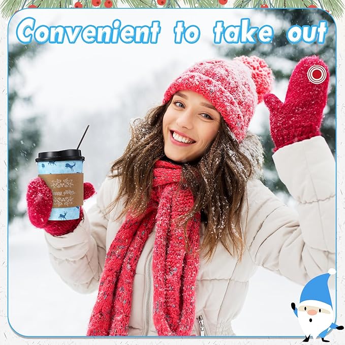 Remerry 100 Sets 400 Pcs 12 oz Christmas Disposable Coffee Cups with Lid, Straws and Sleeves Snowflake Reindeer Snowman Paper Cups Xmas Party Supplies for Hot Drink Cold Beverage(Snowflake Style)