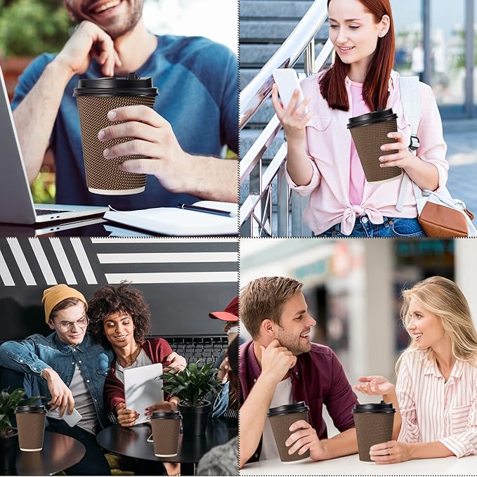 LITOPAK 80 Pack 16 oz Paper Coffee Cups, Insulated Ripple Wall Paper Cups with Lid and Straws, Three Layer Insulated Hot Beverage Cups for Hot Drinks, Coffee Cups for Parties, Picnic, and Travel