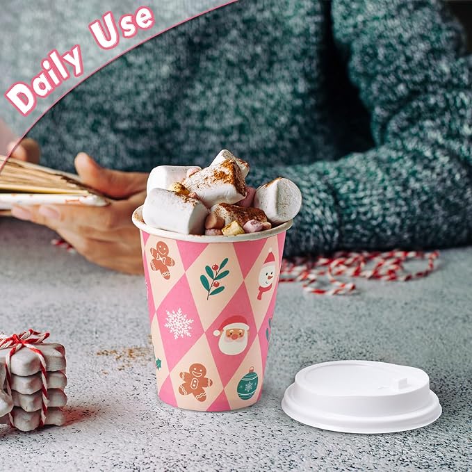 Remerry 100 Sets 400 Pcs 12 oz Christmas Disposable Coffee Cups with Lid, Straws and Sleeves Snowflake Reindeer Snowman Paper Cups Xmas Party Supplies for Hot Drink Cold Beverage(Pink Christmas)