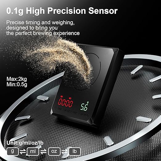 Mini Coffee Scale with Timer, Rechargeable Espresso Scale 2kg/0.1g, for Espresso and Pour-Over Coffee, Portable Coffee Beans Scale with 3 Modes