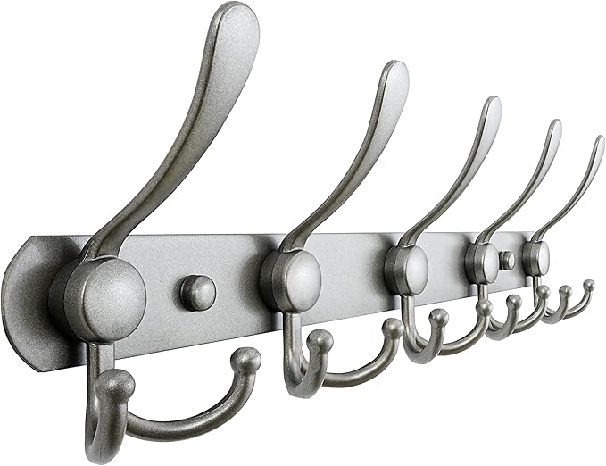 Dseap Coat Rack Wall Mounted - 5 Tri Hooks, Heavy Duty, Stainless Steel, Metal Coat Hook Rail for Coat Hat Towel Purse Robes Mudroom Bathroom Entryway,Grey