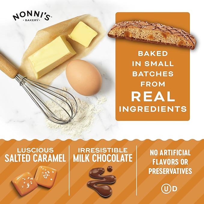 Nonni's Salted Caramel Milk Chocolate Biscotti Cookies — Individually Wrapped Italian Coffee Snack, Crunchy Twice-Baked, 90 Cal Each, 21 oz Carton, 2 Pack
