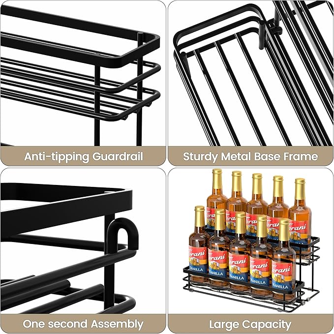 Coffee Syrup Rack Organizer, Syrup Bottle Holder Stand for Coffee Bar, 2-Tier 10 Bottles Storage Shelves for Syrup, Wine, Dressing for Kitchen Countertop (10 Bottles Black)