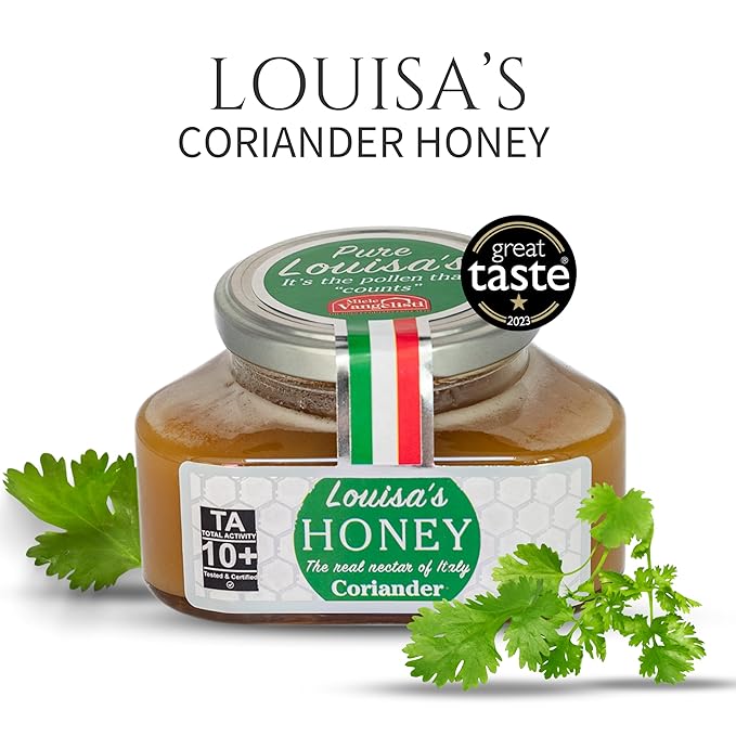 Louisa's Coriander Honey | Award-Winning Italian Raw & Pure Honey | TA 10+ (MGO 263+) | 100% Traceable | Sustainably Sourced | GMO, Gluten & Allergen Free | 350g