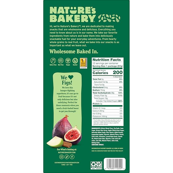 Nature's Bakery Whole Wheat Fig Bars, Apple Cinnamon, Real Fruit, Vegan, Non-GMO, Snack Bar, 1 Box With 12 Twin Packs (12 Twin Packs)