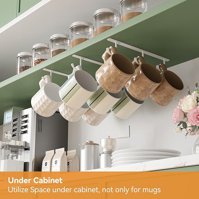 ECROCY Coffee Mug Holder Under Cabinet, Easy Screw Mounting, 3 Pack Mug Rack with Wide Hook Spacing, Sturdy Mug Hooks Space-Saving