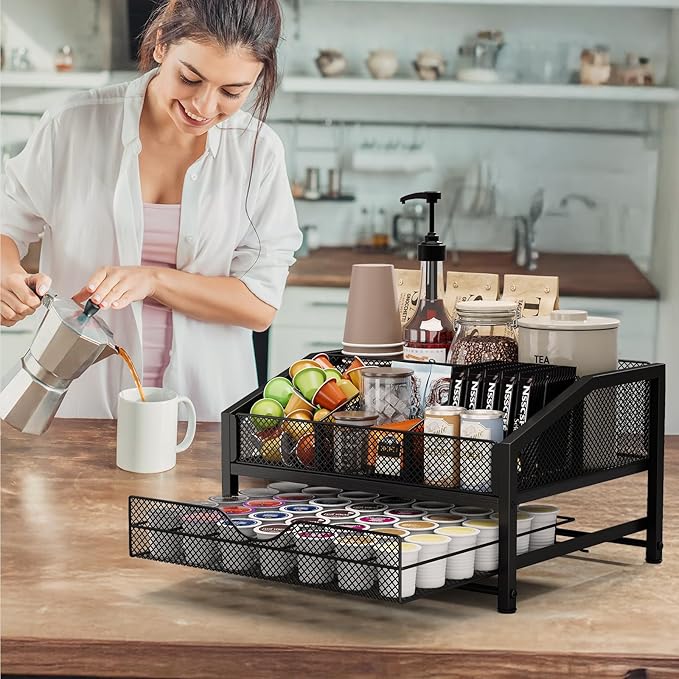 Coffee Bar Organizer - Coffee Station for Countertop, Metal and Wood K Cup holder Storage Basket with Drawer for Syrup, Cups, Stirrer, Condiment, Tea Organizer, Black