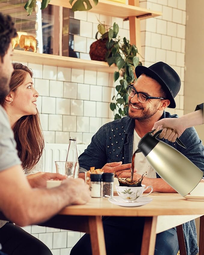 Updated 70 Oz Thermal Coffee Carafe, 2.1L nsulated Stainless Steel Coffee Carafes for Keeping Hot Coffee & Tea Hot Beverage-12Hours, Double Walled Vacuum Coffee Carafe (Gold)