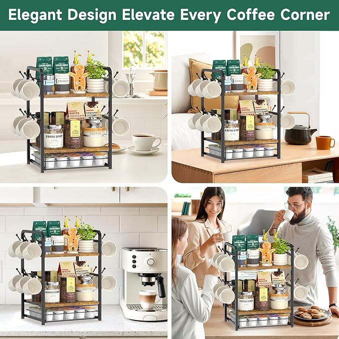 EsLuker.ly Coffee Bar Organizer Station Shelf Mug Holder for Countertop, 3 Tier Coffee Cup Stand Rack with 12 Hooks for Home Office, K Cup Pod Organizer Drawer, Keeps Essentials Tidy & Accessible