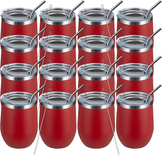 MEWAY 12oz Wine Tumbler 16 Pack Bulk Gifts for Women,Double Wall Vacuum Stainless Steel Travel Mug with Lid,Insulated Stemless Wine Cup Glass for Coffee,Cocktails,Drinks(Red,Set of 16)