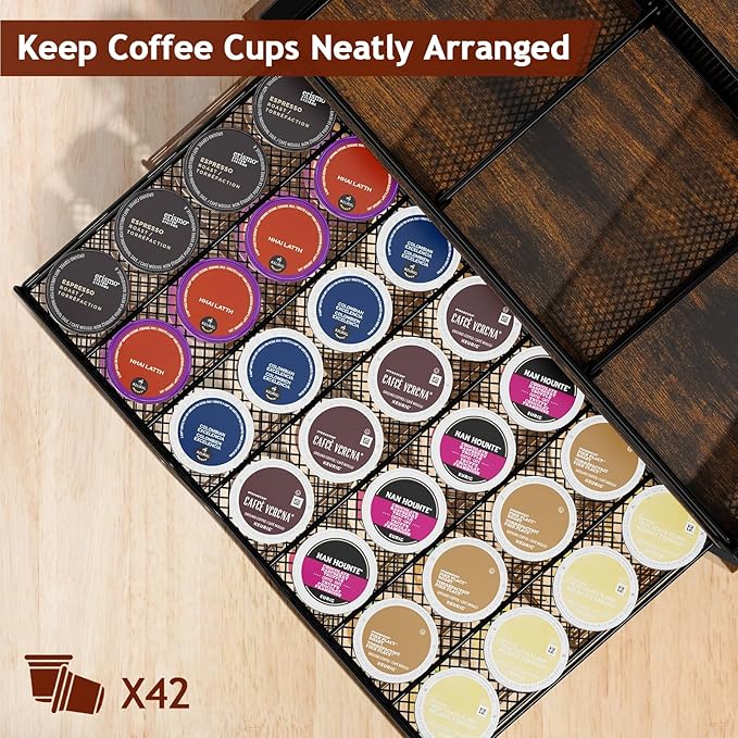 Coffee Bar Organizer - Coffee Station for Countertop, Metal and Wood K Cup holder Storage Basket with Drawer for Syrup, Cups, Stirrer, Condiment, Tea Organizer, Brown