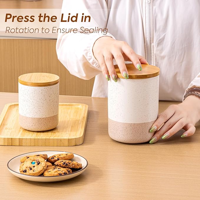 Yangbaga Canisters Sets for Kitchen Countertop-Set of 4 Ceramic Kitchen Canisters Food Storage Jar with Airtight Wood Lids & Spoons & Label,Large Flour and Sugar Containers for Serving Ground Coffee