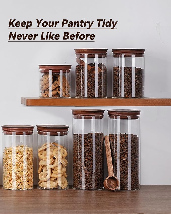 27oz Coffee Canister with Scoop and Wooden Lids, Airtight Coffee Grounds Container Set of 2 for Coffee Bar Organizer, Glass Jar for Coffee Beans Storage