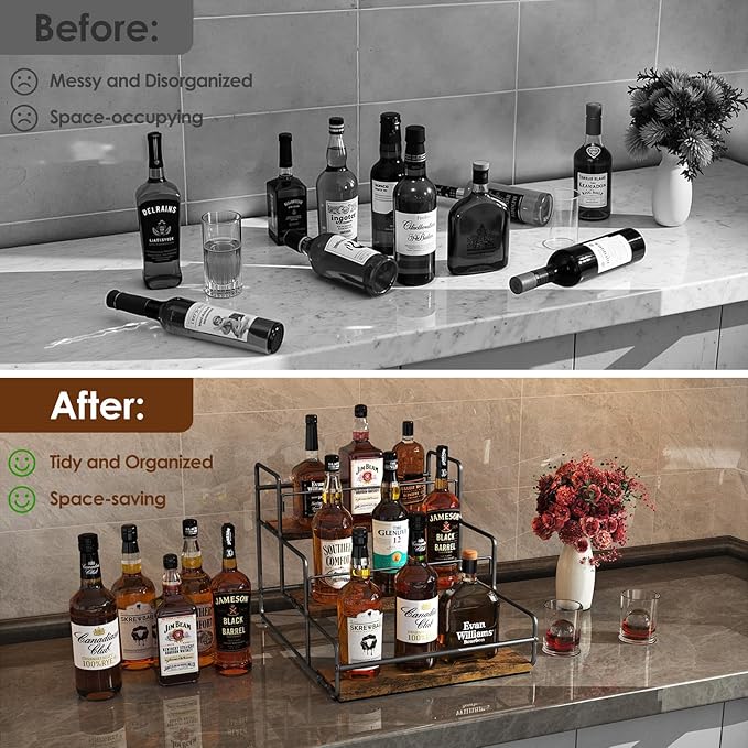 Nuovoware Liquor Bottle Display Shelf, 3-Tier Liquor Shelf, Carbon Steel Bar Cabinet with Wooden Base and Retainer Bar for Whiskey Syrup Wine, Wine Rack for Countertop Kitchen Coffee Bar, Black