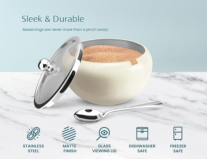 KooK Stainless Steel Sugar Bowl with Lid and Spoon, Serving Dish, Clear Glass Lid, Storage for Salt, Candy, Coffee, Holds 2 Cups, Dishwasher Safe, 16 oz Vintage White Glossy