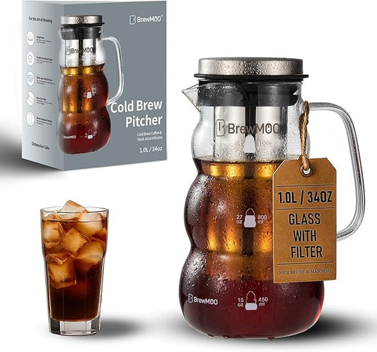Cold Brew Coffee Pitcher (1.0L/34oz) - Elegant Sleek Wave Borosilicate Glass Pitcher with 100um 304 Stainless Steel Filter & Airtight Lid, Efforless Mannual for Beginner, Sophisticated Gift
