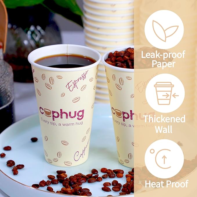 Cuphug 100 Pack 16 oz Coffee Cups with Lids, To Go Paper Cups with Sleeves and Stirring Sticks, Insulated Disposable Coffee Cups for Hot/Cold Drinks