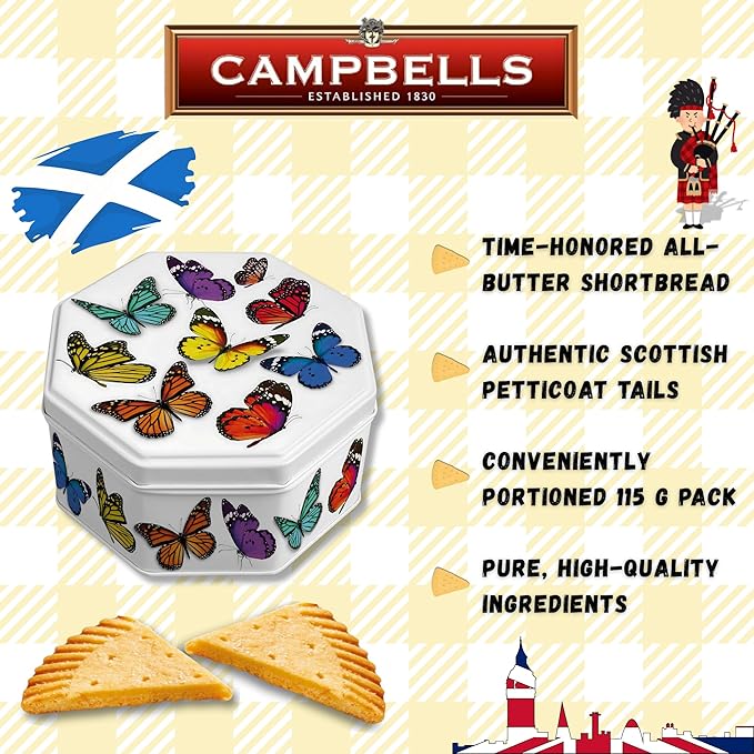 Campbells Shortbread Petticoat Tails Butterfly Tin 4.1 Oz (115g) - Pure Butter Scottish Shortbread Cookies from Scotland, British Tea Biscuits, Butter Cookies Gift in Tin Can, Scottish Snacks