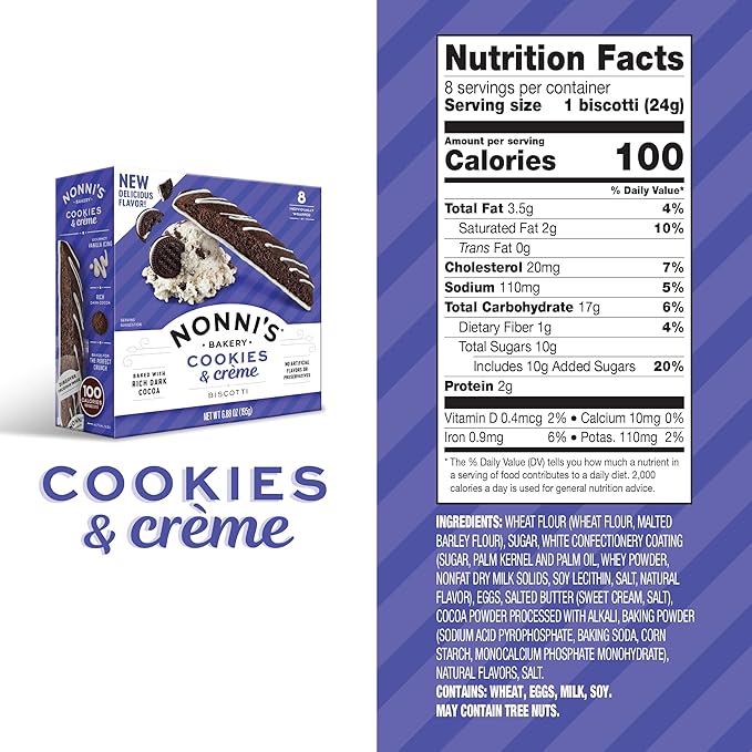 Nonni's Cookies & Crème Biscotti, Rich Dark Cocoa Cookie with Vanilla Icing, 8 Individually Wrapped Bakery Snacks, 6.88 oz, 3 Pack
