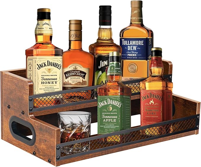 Liquor Bottle Display Shelf, Coffee Syrup Rack Organizer, 2 Step Countertop Liquor Wine Rack, 10 Bottles Coffee Station Organizer with Fences & Handles, Home Retro Bar Shelf Stand for Liquor Whiskey