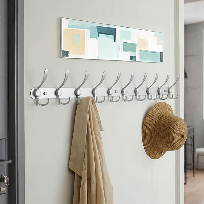 Dseap Coat Rack Wall Mount - 38” Long 10-Tri-Hooks Heavy Duty Coat Hanger Rail Wall Hooks for Hanging Coats Hats Clothing Clothes Purse Mudroom Entryway, Silver, Pack of 2