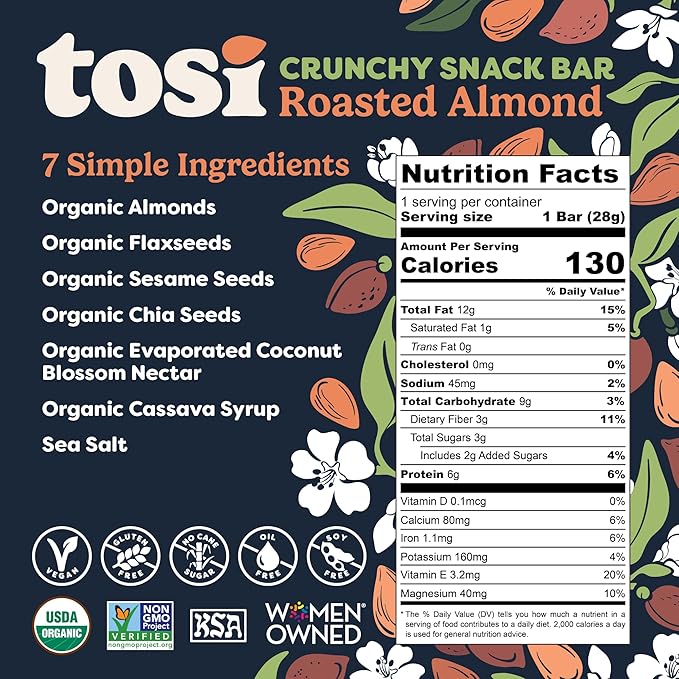 Tosi Nut Bars, Almond, Healthy Snacks for Adults & Kids, Plant Based Crunchy Bars (5G Protein), Organic Keto Snacks, Vegan, Gluten & Soy Free, Low Sugar, Omega 3s, 1oz, 12-Pack